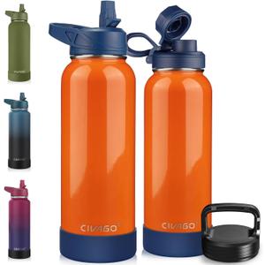 CIVAGO 40 oz Insulated Water Bottle With Straw, Stainless Steel Sports Water Cup Flask with 3 Lids (Straw, Spout and Handle Lid), Double Walled Travel Thermal Canteen Mug, Deep Orange