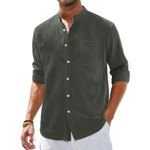 Alimens & Gentle Men's Cotton Linen Shirts Long Sleeve Button Down Shirt Band Collar Beach Shirts (Green, XXL)