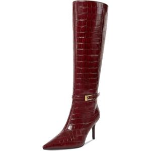 Knee High Boots Women Stiletto High Heel 3.3in, Side Zipper Pointed Toe Metal Buckle Tall Boots Dress Boots for Women, Comfortable Faux Leather Below the Knee Long Boots (8, Burgundy Crocodile)