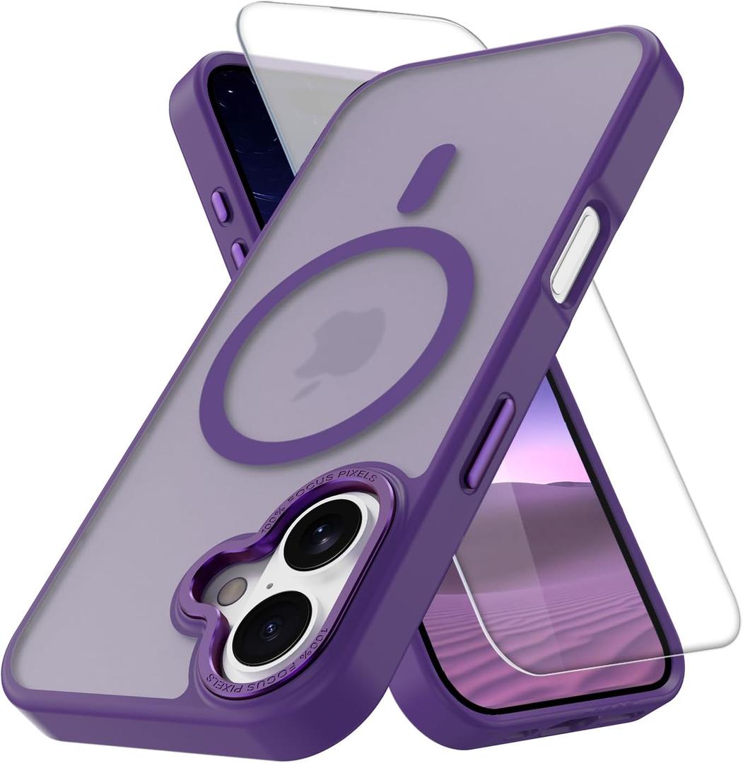 PinLiSheng Magnetic for iPhone 17 Case [Metal Camera Frame&Buttons] [Mil-Grade Drop Protection] Shockproof Slim Translucent Matte Protective Phone Case, Purple