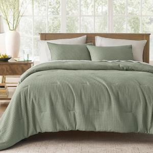 Wonderful Green Waffle Weave Comforter Set Queen Size, 3 Piece Cotton Face Textured 3D Waffle Knit Lightweight Comforter Set, Soft & Breathable All-Season Bedding for Hot Sleepers | Wrinkle-Resistant, Pet-Friendly, Cloud-Like, Minimalist Boho, Modern Farmhouse