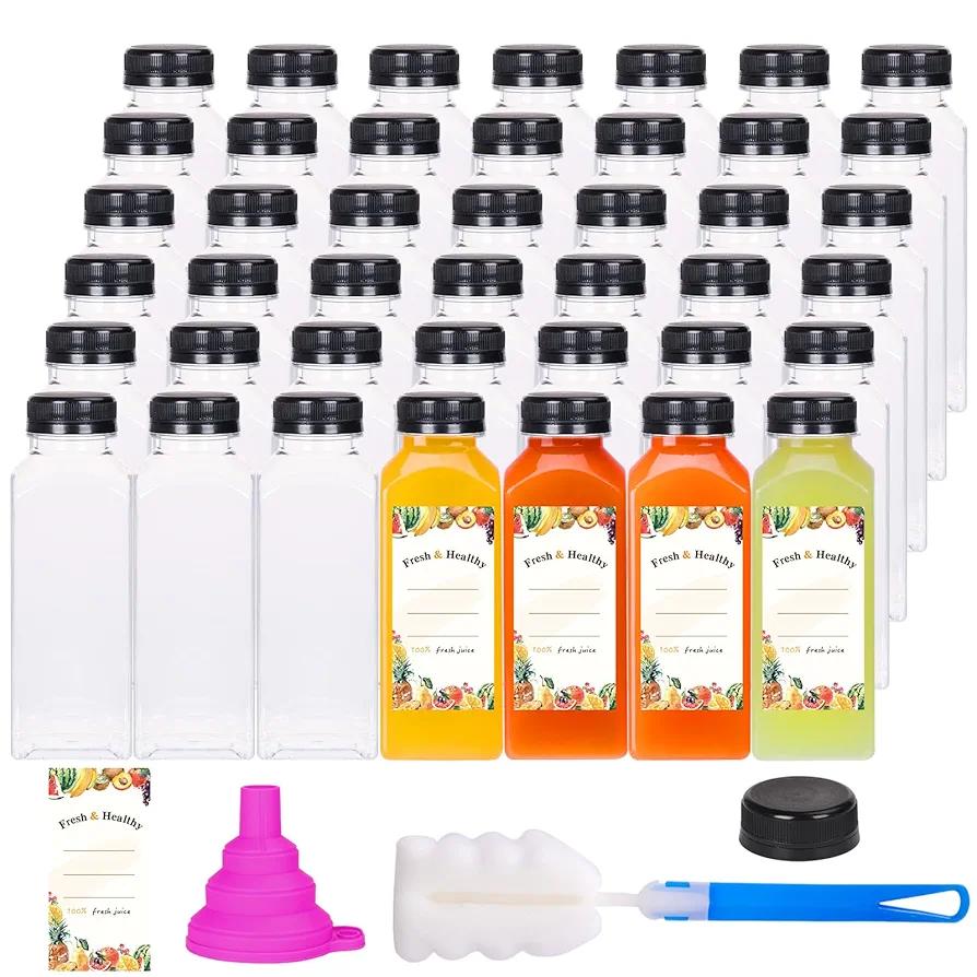 Moretoes 64pcs 12oz Plastic Juice Bottles with Caps, Reusable Juicing Bottles, Clear Drink Containers with Lids for Smoothie, Drinking and Beverages
