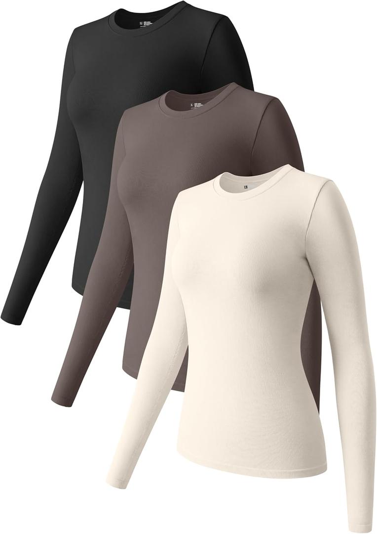 OQQ Womens 3 Piece Long Sleeve Tops Crew Neck Stretch Fitted Underscrubs Layer Tee Shirts 2025 Casual Outfits (S)