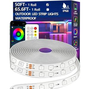 50FT Outdoor LED Strip Light Waterproof,IP68 Outside RGB Light Strip with App/Remote Control,Chase Mode,Music Sync Rope Light for Balcony,Deck,Rooftop,Garden,Pool