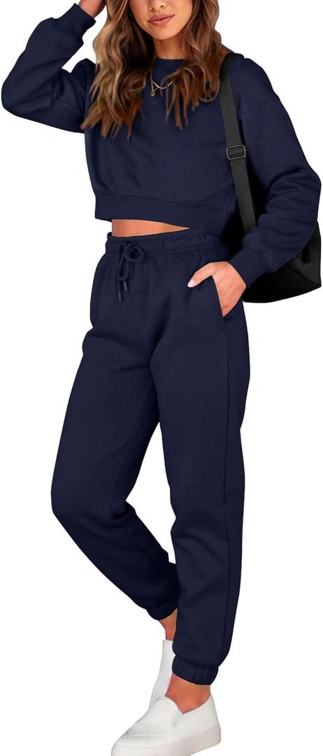 BTFBM Women 2 Piece Outfits Long Sleeve Crop Top Pullover Drawstring Pant Jogger Set Casual Sweatsuits Tracksuit Pockets (Medium, Navy)