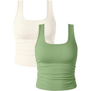 OQQ Womens 2 Piece Shirts Ruched Sleeveless Square Neck Seamless Stretch Fit Basic Tee Tops, Size XL