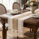 Boho Macrame Table Runner with Tassels Farmhouse Rustic Dining Woven Table Runner for Bedroom Dresser Kitchen Home Decor(White & Brown, 12x90 in)