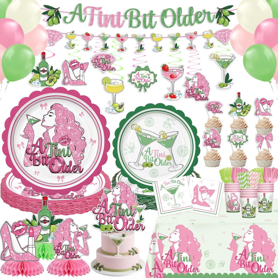 202 Pcs A Tiny Bit Older Birthday Decorations Tableware Set - Service 24 Guests - Includes Banner, Cake Topper, Balloons, Plates And Napkins Paper Cup - For Girl Women Birthday Bridal Wedding