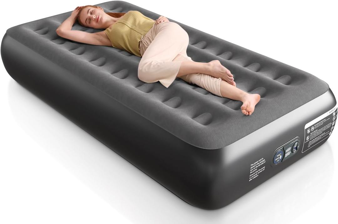Ezyrest Air Mattress Twin with Built in Pump 13" Double Height Inflatable Mattress with Soft Flocked Top & Carry Bag Adjustable Blow Up Mattress Portable Air Bed for Guest Indoor Travel-Black