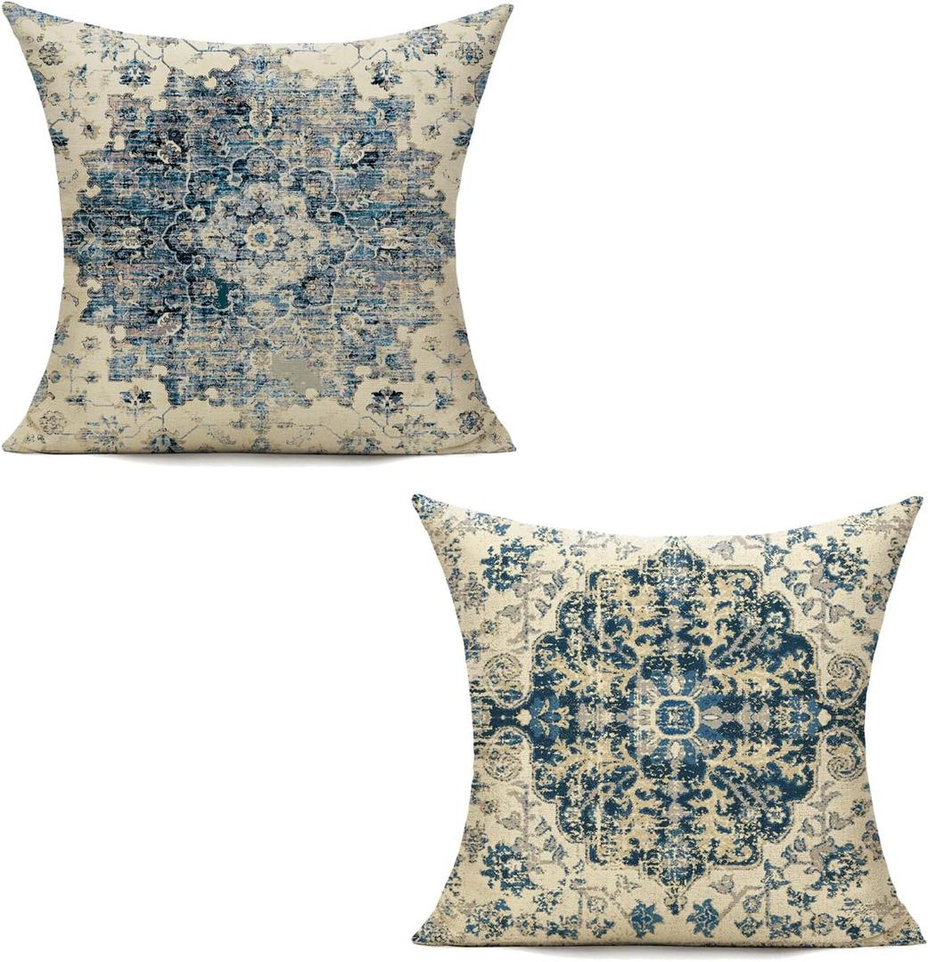 VAKADO Outdoor Boho 18x18 Set of 2 Blue Throw Pillow Covers Spring Decorative Farmhouse Bohemian Carpet Vintage Gray Cases Home Decor for Living Room Bedroom Bed Cushion Cases