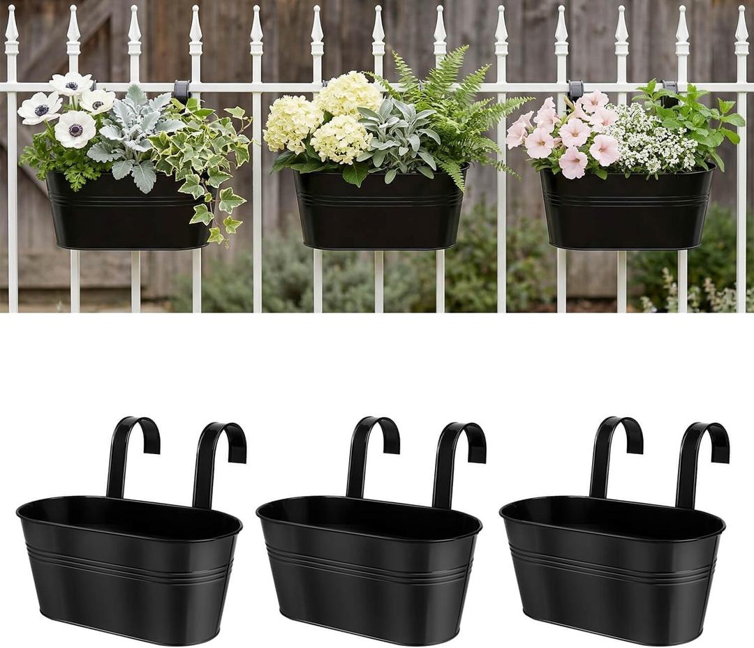 Metal Railing Planters for Outdoor Plants - 3 Pcs Balcony Hanging Flower Pots with Detachable Hooks & Drain Holes, Windowsill Oval Hanging Bucket Pots Fence Planters for Garden Home Decor, Black