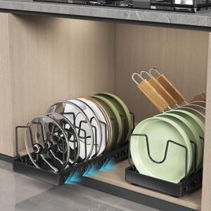2PCS Black Pot Lid Organizer, Pull-out Pots and Pans Organizer, Under Cabinet Pot Lid Holder for Kitchen, Sliding type Pots and Pans Storage with 16 Adjustable Dividers for Cabinet Pantry Countertop
