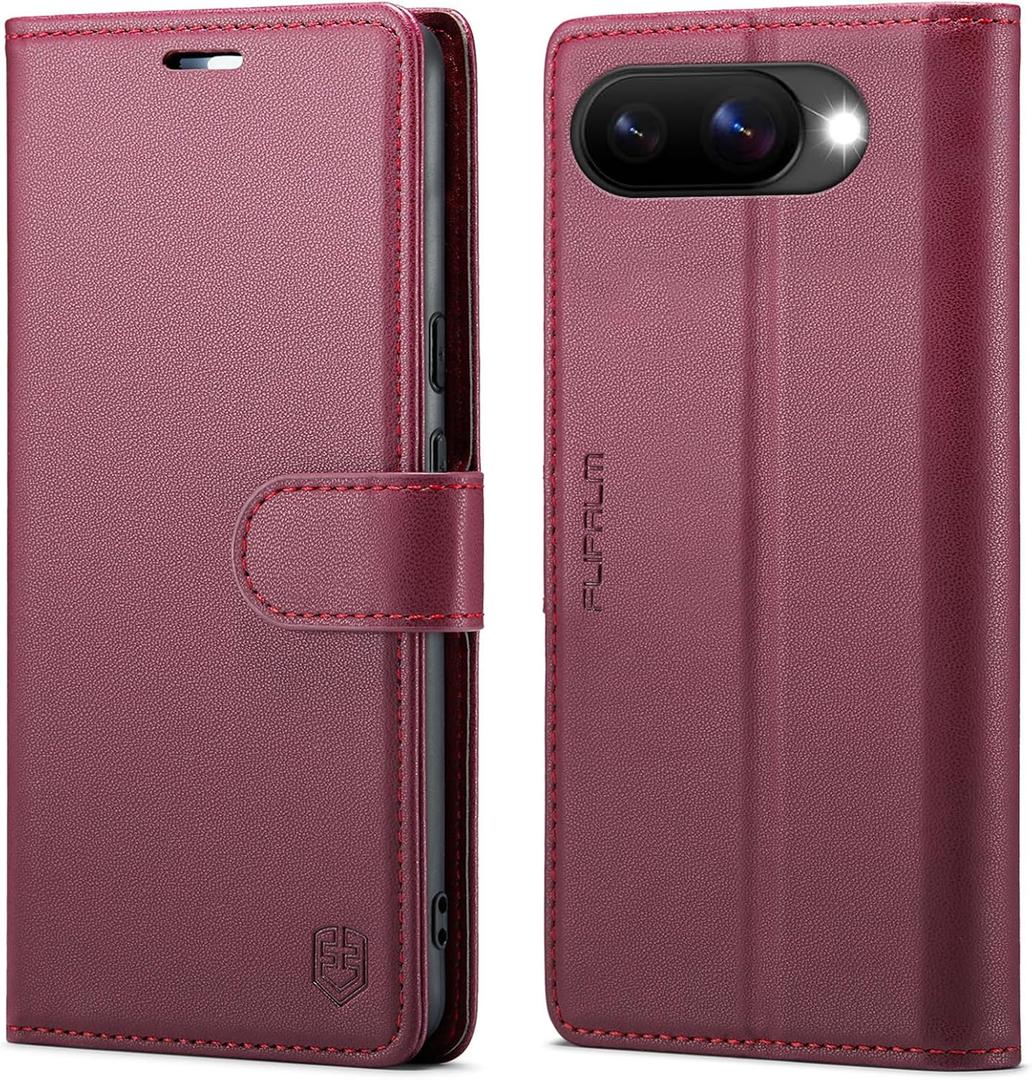 FLIPALM Wallet Case for Google Pixel 9a, RFID Blocking Credit Card Holder, PU Leather Folio Flip Kickstand Protective Shockproof Cover for Pixel 9a (Red)