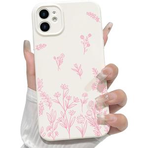 NITITOP Compatible with iPhone 12 Case Cute Flowers Floral Plant Pattern for Women Girls Trendy Slim Fit TPU Bumper Silicone Shockproof Full Camera Protection Cover - Pink and White