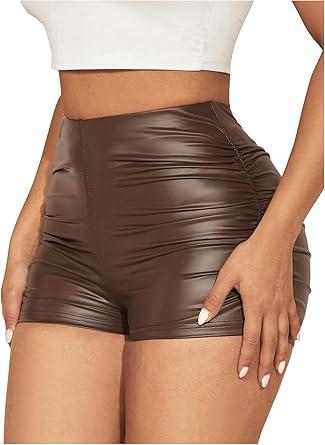 Milumia Women's Ruched Faux Leather Mini Shorts High Waist Sexy Going Out Rave Shorts (Large, Brown)