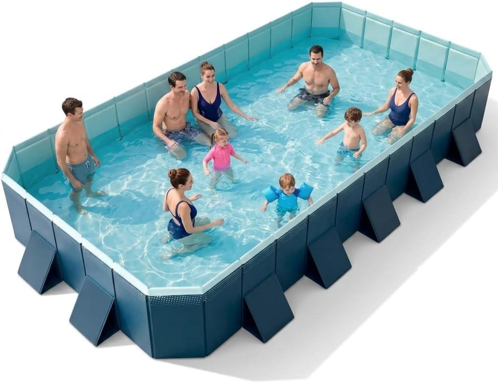 13 Ft Foldable Non-Inflatable Above Ground Swimming Pool - Rectangular Hard Plastic with Wood Frame, 160x94x20 in Outdoor Backyard Pool for Family, Kids, Pets