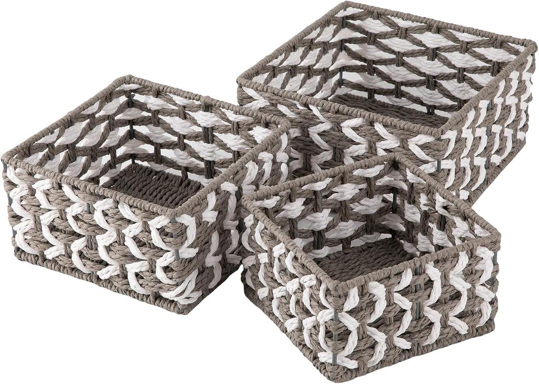 OIAHOMY Storage Baskets Paper Rope Shelf Baskets, Handwoven Small Wicker Bins for Home, Set of 3-Grey & White