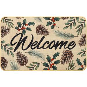 Heirloom Haven Christmas Welcome Door Mat, Winter Xmas Floor Mat Pinecone Branch Berries Decor Holiday Floor Front Door Non-Slip Doormat Switch Garden Rug for Home Bath Kitchen Decorations 17 X 29in