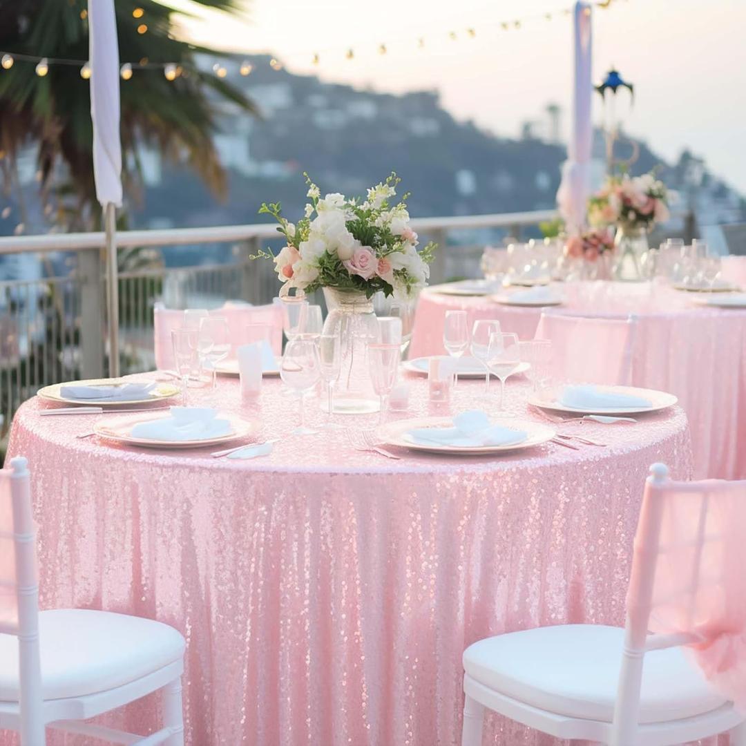 Pink Sequin Tablecloth 108" Glitter Round Table Cover Metallic Sparkly Tablecloth for Birthday Parties Showers Wedding Easter Christmas