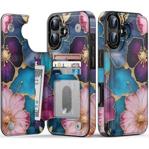 FUNMIKO for iPhone 16 Plus Wallet Case with Card Holder + Cash Clip, RFID-Blocking, Military-Grade Drop Protection & UV-Printed Artwork, Magnetic Closure with Kickstand - Vibrant Flower Pattern