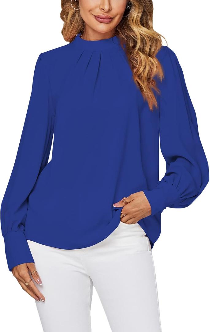 LYANER Women's Mock Neck Pleated Solid Long Sleeve Blouse Office Shirt Top (L)