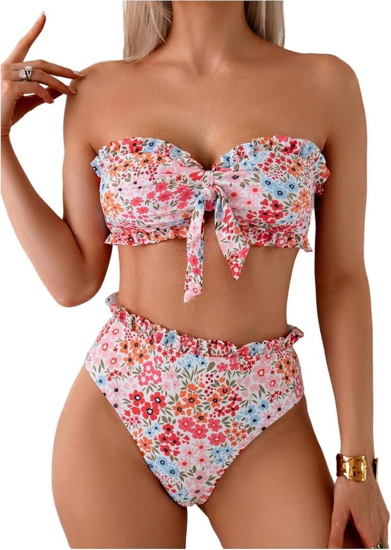 SOLY HUX Women's Bandeau Bikini Set Tie Knot Front Frill Strapless High Waisted Bathing Suit Two Piece Swimsuit (Large, Multicoloured Floral)