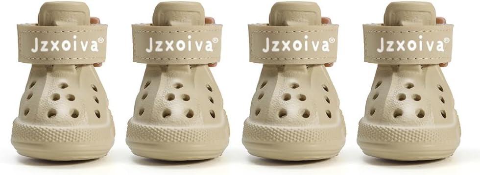 JZXOIVA Dog Shoes for Hot Pavement, Dog Booties for Small Dogs, Breathable Dog Boots & Paw Protectors, Adjustable Non-Slip Rain Booties, Waterproof Pets Sandals for Beach Khaki Size 2