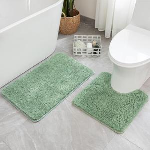 MIULEE Microfiber Bathroom Rugs and Mats Sets 2 Pieces Extra Thick Non Slip Bath Mat and U-Shaped Contour Toilet Rug for Bath Room Floor Restroom, 20"x20"+16"x24", Sage Green
