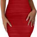 BEAGIMEG Women's Sexy Bodycon Sleeveless Ruched Mesh Club Party Midi Dress (Medium, Red)