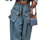 KANSOON Women Denim Set Jean 2 Piece Outfit Cargo Zip Long Sleeve Crop Jacket Wide Leg Pant Drawstring Loose Fit (Blue, S)