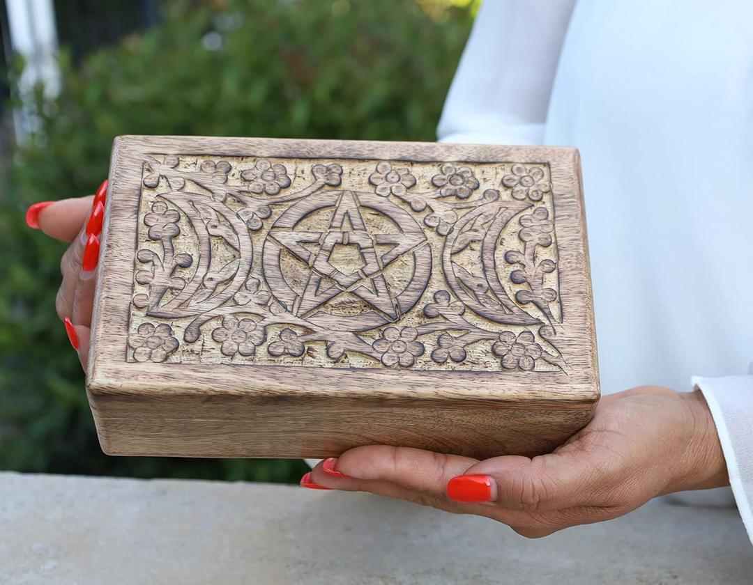 DharmaObjects Hand Carved Jewelry Trinket Keepsake Wooden Storage Box (Triple Moon, Large)