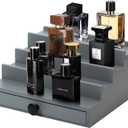Cologne Organizer for Men - 4 Tier Wooden Grey Cologne Display Stand with Drawer and Hidden Compartment, Mens Cologne Perfume Holder Shelf for Organizing and Storing