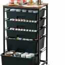 SYKIARIOL 5-Tier Rolling Utility Storage Drawer Craft Cart on Wheels with Wooden Tabletop, Mobile Craft Storage Drawer Cart Trolley for Home Office, Classroom, Craft Room & Kid Room, Black