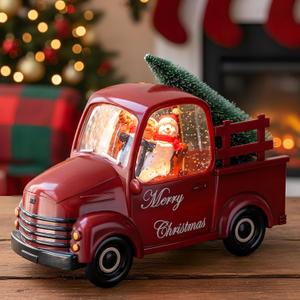 Snowman Christmas Snow Globes Red Truck Carrying Christmas Tree Water Lantern, 8 Christmas Music, Holiday Decorations Gifts for Family, Children or Friends (9'')