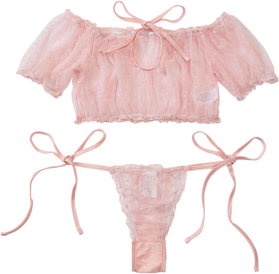 Lilosy Sexy Stretch Ruffle Tie Sheer Mesh Lingerie Set Outfits (Medium, Polka Dot Pink)