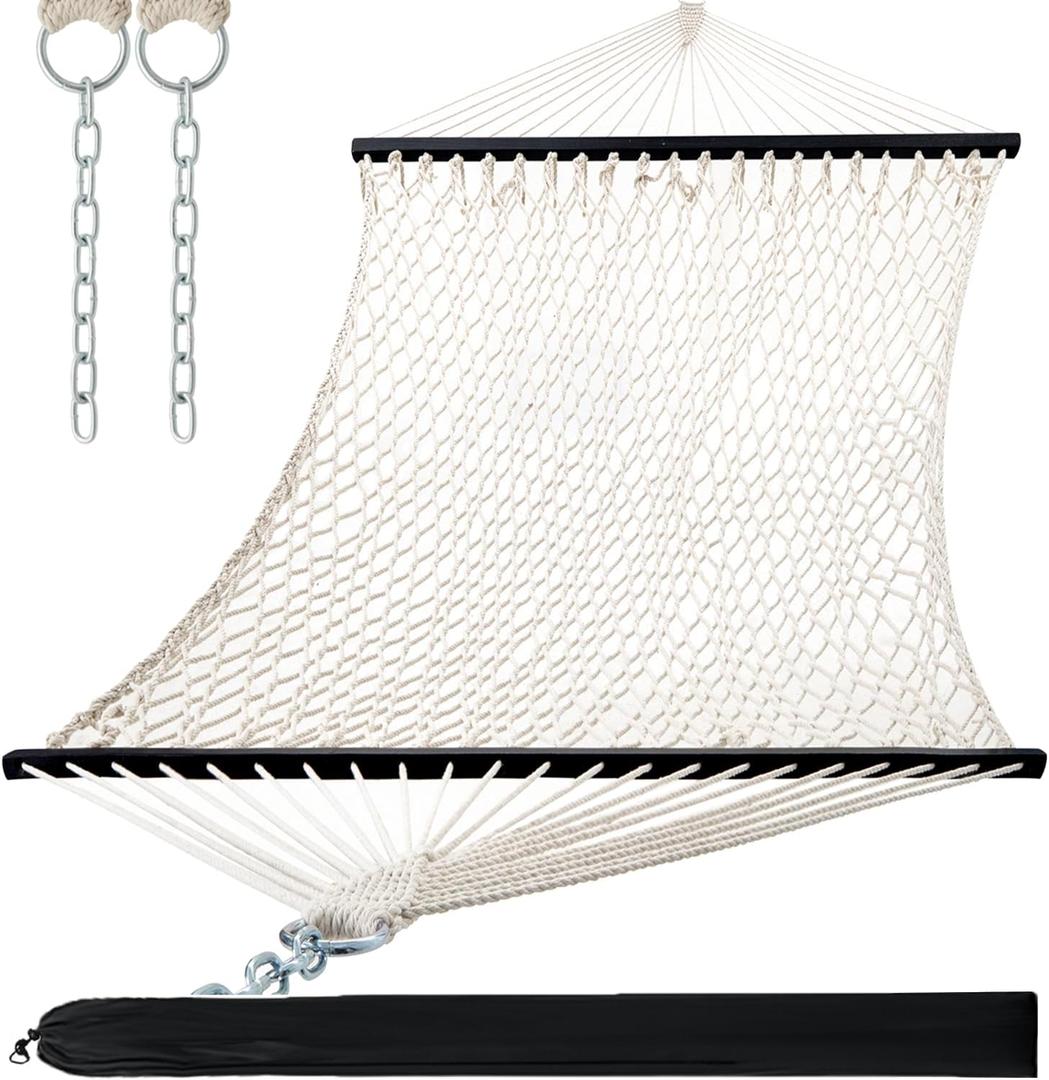 PNAEUT Double Hammocks for Outside, 13ft Traditional Rope Hammock for 2 Person with Hardwood Spreader Bar and Carrying Bag, 475 lbs Capacity (Beige)