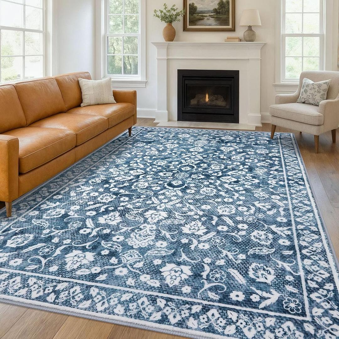 Vintage 9x12 Area Rugs, Blue and White Washable Living Room Rug Non-Slip Thin Large Area Rug Printed Faux Wool Floor Super Soft Carpet Throw Rugs for Bedroom Dining Room Playroom Office
