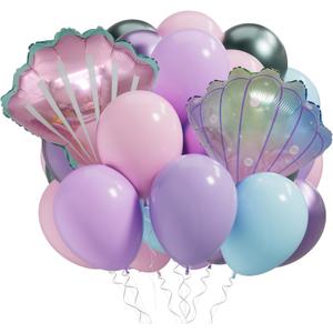 Mermaid Theme Decor Party Balloons, Macaron Pink Blue Purple Green Metallic Balloons Popcorn Seashell Balloon for Kids Baby Shower Mermaid Theme Birthday Party Decoration Supplies