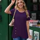 Casual Tunic Tops for Women Short Sleeve T Shirt Asymmetrical Summer Dressy | Stretchable Basic Tops Round Neck Asymmetric Hem Decorative Button Detail Soft Fabric Relaxed Fit Business Casual Tee (Purple, M)