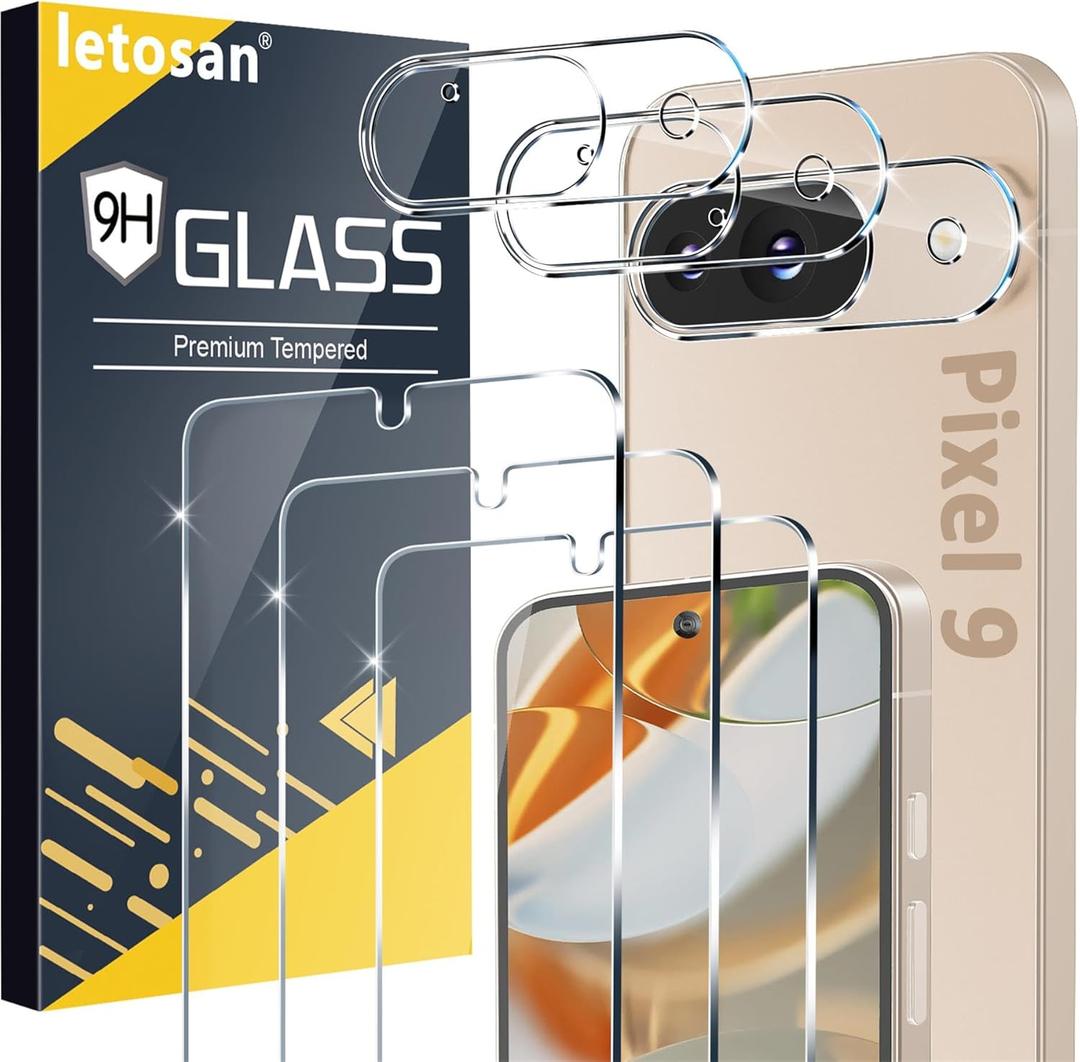 Letosan 3 Pack for Google Pixel 9 Screen Protector Tempered Glass + 3 Pack Camera Lens Protector, Military Grade Shatterproof, 9H Hardness, Fingerprint Unlock,Case Friendly 6.3 Inch