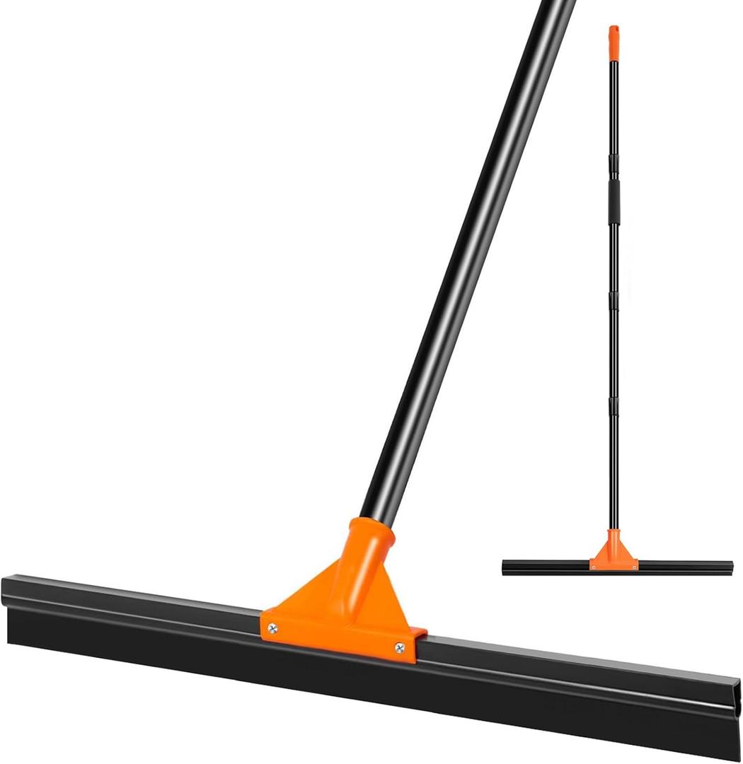 Heavy Duty Floor Squeegee with Long Handle, 18" Rubber Wiper Broom for Concrete Tile Cleaning Commercial Scrubber Mop for Garage Deck Bathroom Kitchen Pool (Orange)