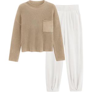 PRETTYGARDEN Two Piece Sets for Women 2026 Pullover Sweater High Waisted Sweatpants Tracksuit Lounge Set Fall Winter Outfits (Khaki Beige White,XX-Large)