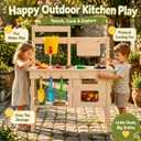 Wooden Outdoor Mud Kitchen for Kids, Waterproof Solid Wood Play Kitchen with Removable Faucet, Sink, Cutting Board, Toy Pots, Soil Cups, Magnetic Door and Storage Shelf