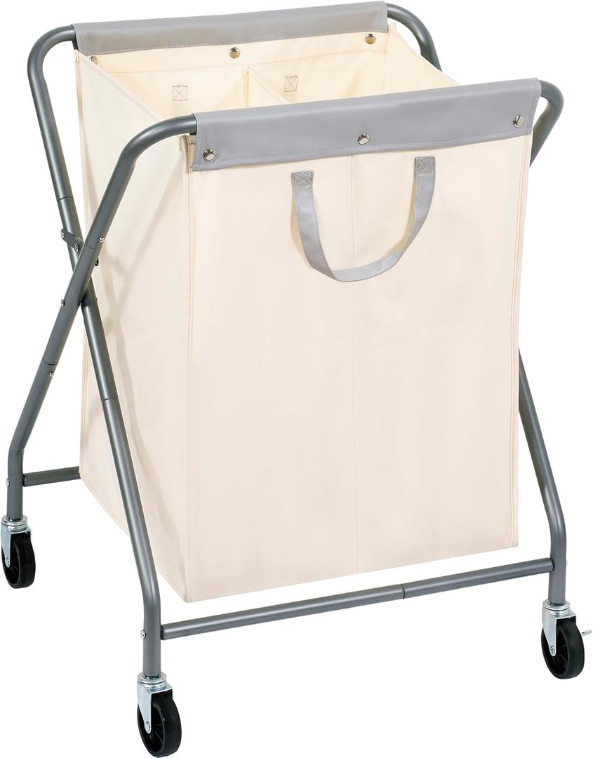STORAGE MANIAC 125L Laundry Hamper with Wheels, Rolling Laundry Basket, Heavy Duty Laundry Sorter with Removable Bag, Folding X Frame Laundry Organizer Cart for Easy to Store, 2 Section (Beige)