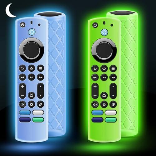 OneBom (2Pcs) Silicone Remote Cover Glow in The Dark for Fire Stick TV 4K Max (2nd)/Insignia/Alexa Voice Remote Enhanced w with Lanyard, Lightweight Anti-Slip Shockproof(Glow Green&Glow Blue)