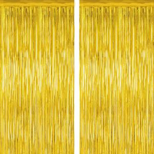 2 Pack Gold Tinsel Backdrop, 3.28 FT x 7.05 FT Metallic Fringe Curtain, Gold Color Graduation Backdrop Party Streamers, Party Supplies Door Decorations for Birthday Anniversaries