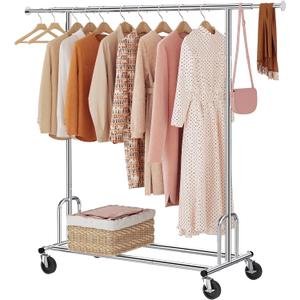 Tajsoon Heavy Duty Clothes Rack Foldable Garment Rack with Wheels and Extendable Rod, Freestanding Clothing Rack for Hanging Clothes, Adjustable  Collapsible Rolling Racks with Bottom Shelf, Chrome