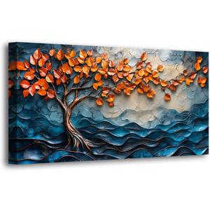 Tree of Life Canvas Wall Art Bedroom Wall Decor Living Room,Abstract Wall Art Office Kitchen Paintings Artwork Modern Blue Wave Leaf Pictures Art Prints Waterproof Ready to Hang-20x40inch