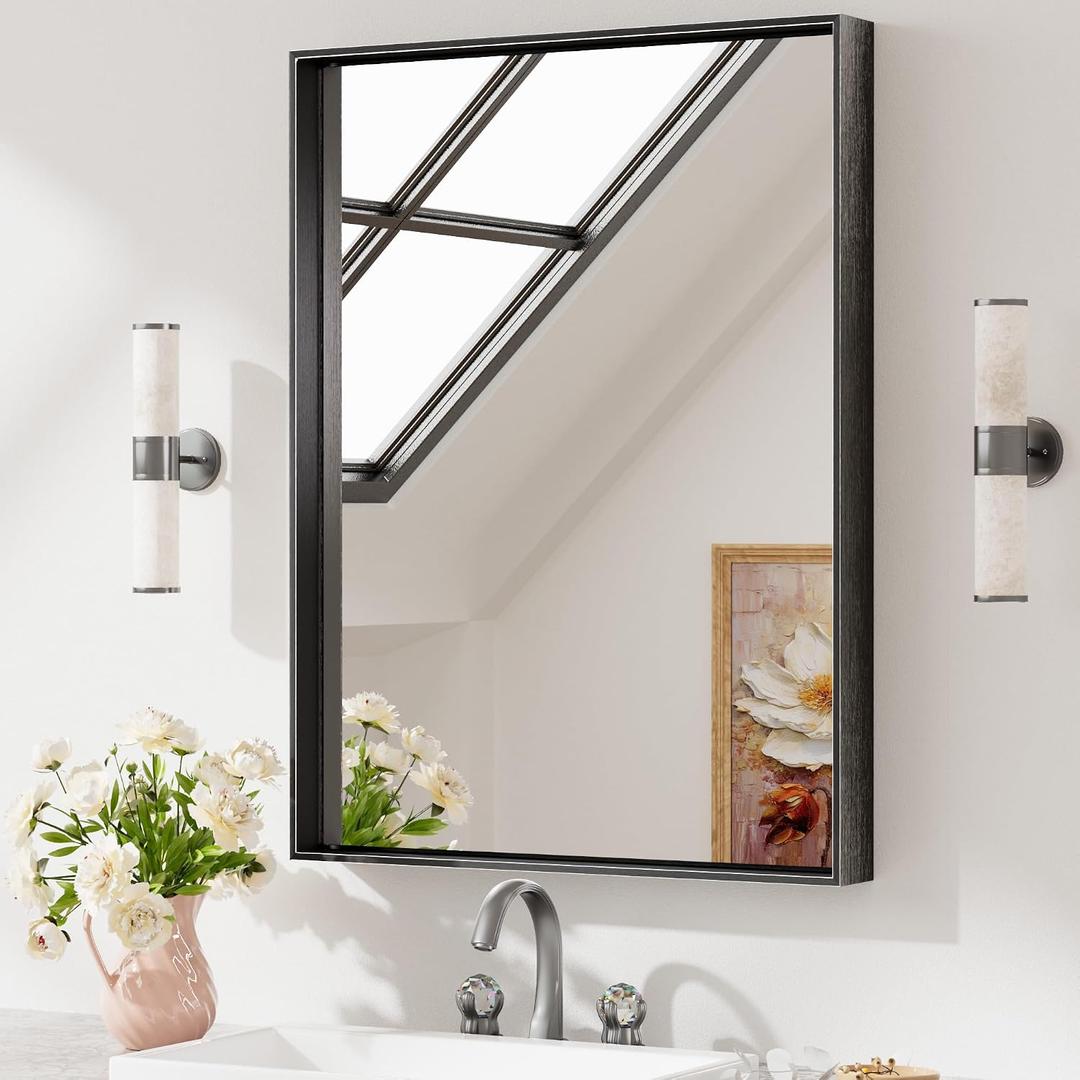 Keonjinn 24 x 32 Inch Black Mirror for Wall, Rectangle Bathroom Vanity Mirrors for Over Sink, Metal Framed Farmhouse Mirror, Square Corner Brushed Rectangular Mirror(Horizontal/Vertical)