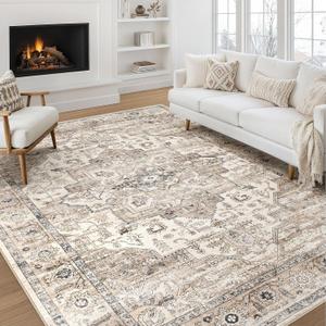 Area Rug 8x10 Washable Vintage - Soft Traditional Rugs for Living Room Large Non Slip Backing with Low Pile Farmhouse Oriental Retro Carpet for Bedroom Dining Room or Home Office - Tea Brown
